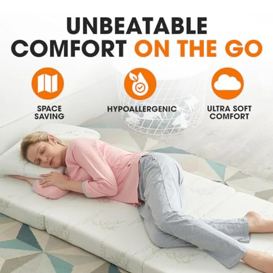 Tri-Fold Folding Mattress 4 Inch Portable Floor Mattress for Guests, Camping, Sleepovers Travel Lightweight Foldable Foam Bed,