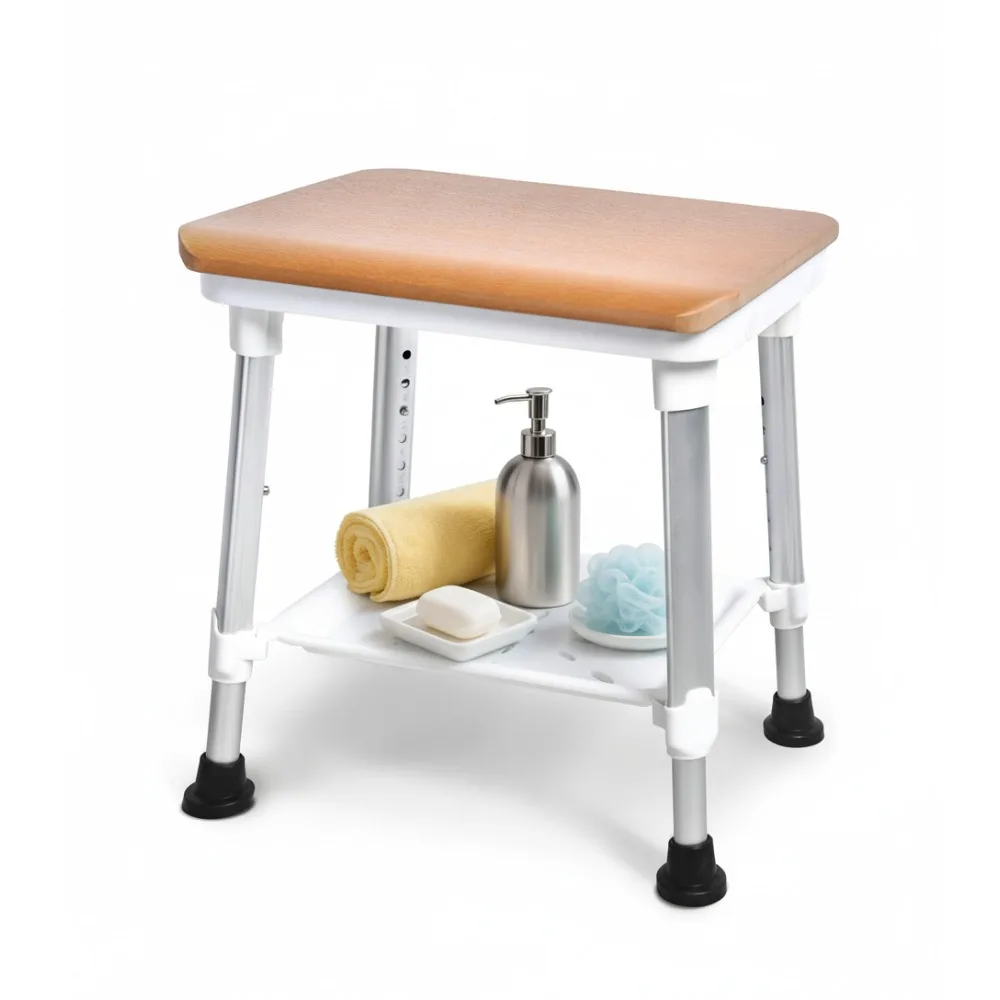 

Adjustable Height Shower Chair with Wood Seat, Heavy Duty 400lbs Capacity for Elderly & Disabled