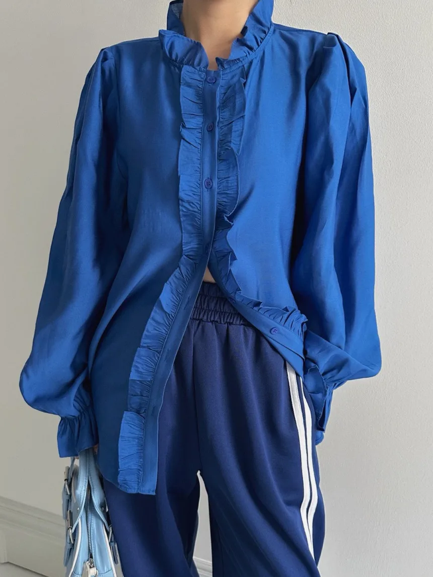 

Women Korean Style Spring New Vintage Stand Collar Loose Patchwork Ruffled Klein Blue Long Sleeve Blouse