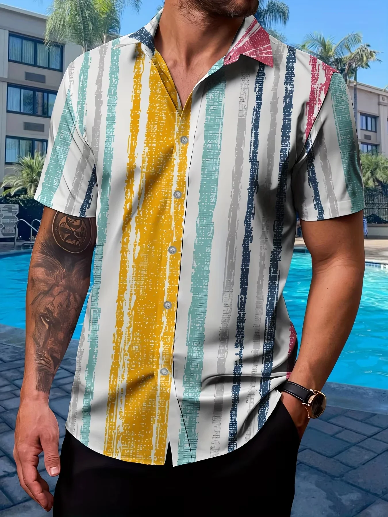 Men's Hawaiian Shirts Summer Casual Hawaiian Stripe Casual Printed Button Lapel Short Sleeve Shirts Men's Short Sleeve Shirts