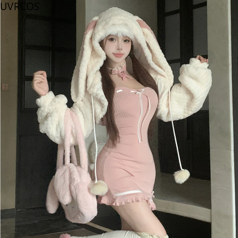 Autumn Winter Sweet Lolita Style 2 Piece Set Women Kawaii Bunny Ear Hooded Wool Coat Sexy Bow Slip Dress Female Korean Cute Suit