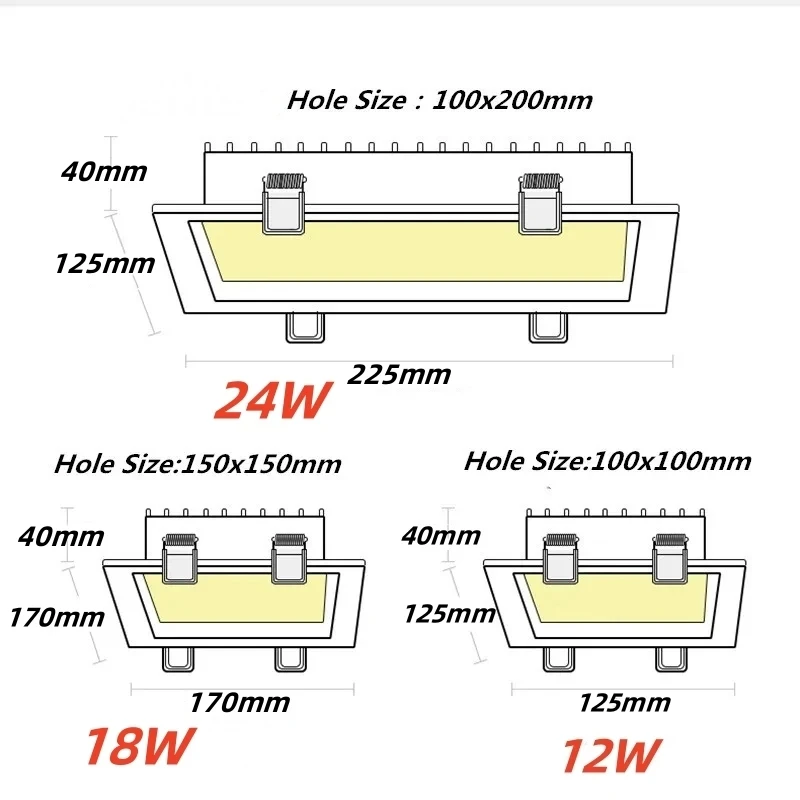 1PCS square lamp, rectangular tube lamp, embedded LED ultra-thin perforated light, ceiling light 12W 18W 24W 220V240V