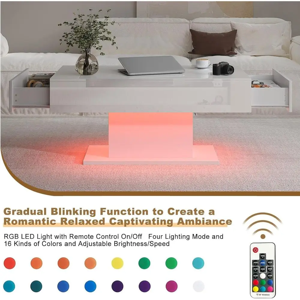 Modern Rectangular LED Coffee Table with 2 Drawers for Living & Dining Rooms