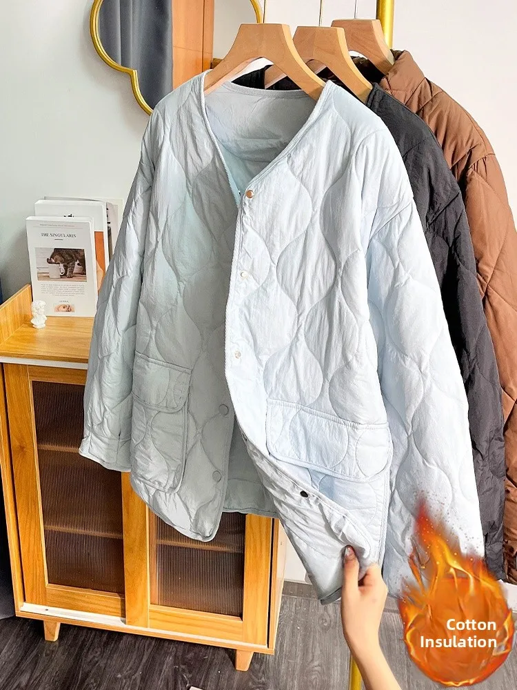 

Blue ort down Cotton Jaet Women's 2024 Winter Warm Loose Casual round Ne Baseball Coat Thiened Long Sve Retro Sle