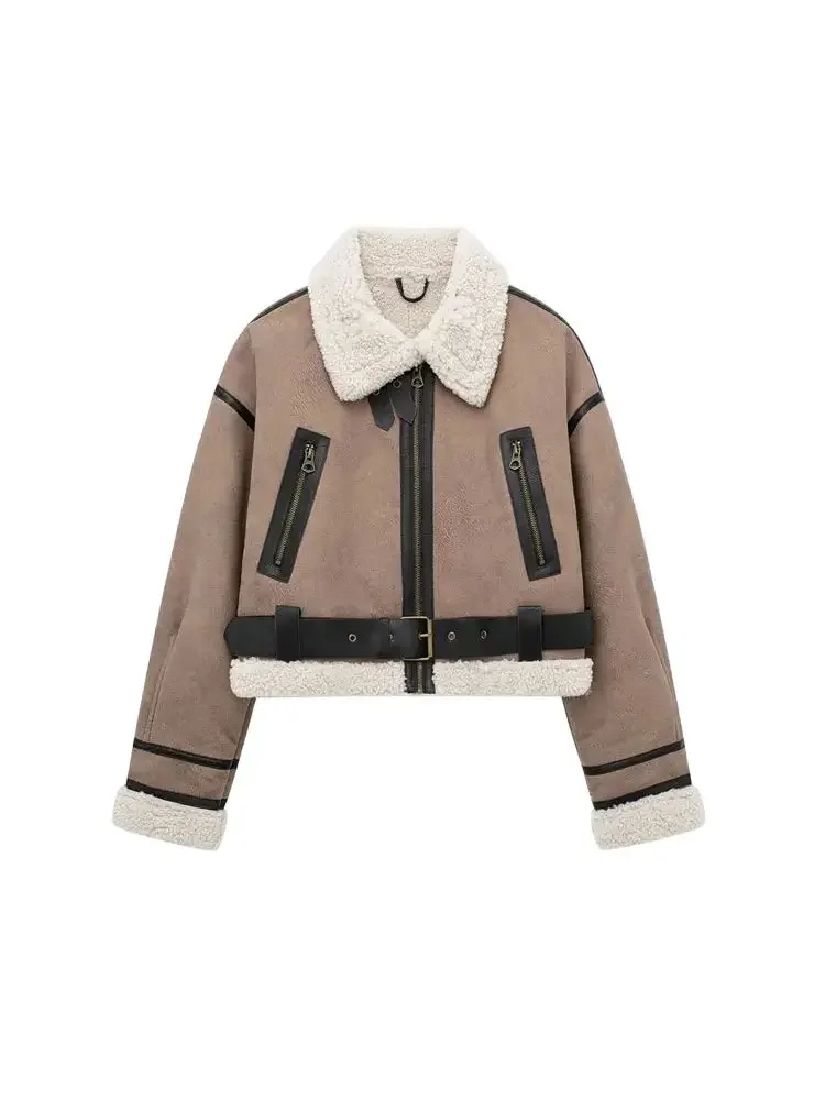 

GELITAYIN TRZA-Women's Faux Leather Suede Jacket With Belt, Long Sleeve Coat, Female Outerwear, Chic Tops, Thick Warm Winter Fas
