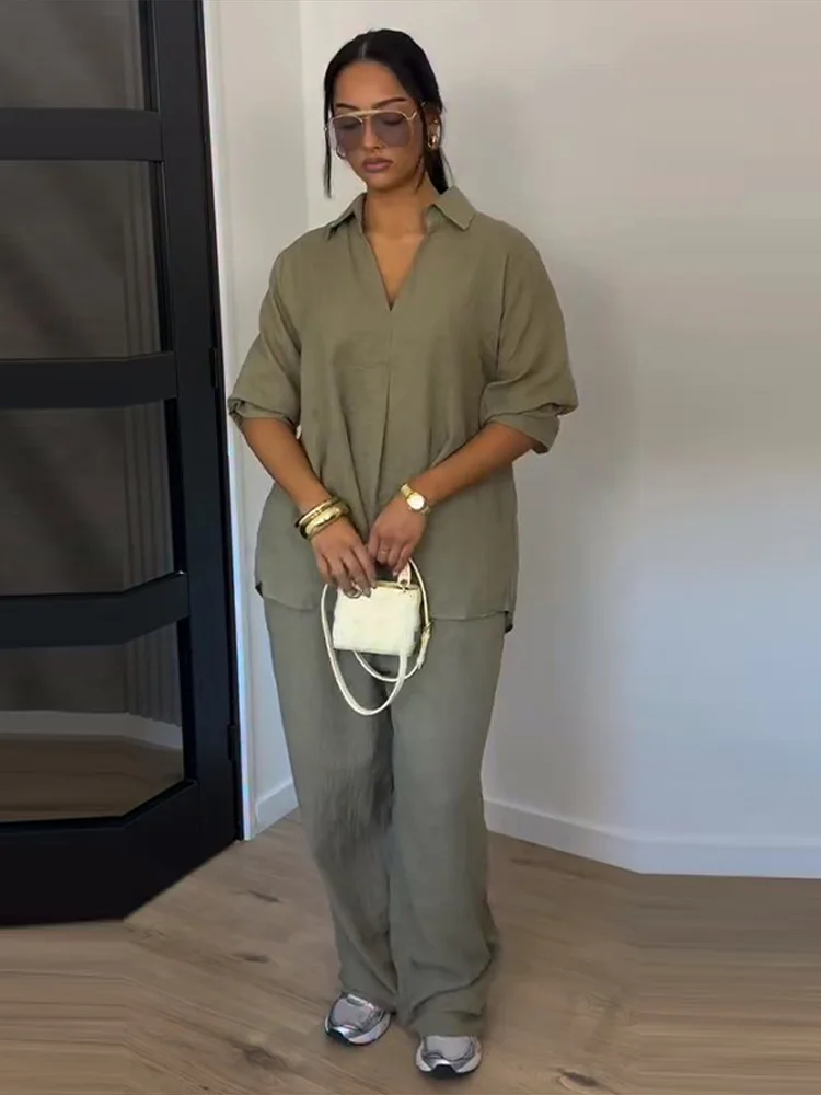 Fashion Solid Long Pants Set Women Chic Lapel Single Breasted Shirt High Waist Wide Leg Trousers 2026 Spring Summer 2 Pcs Outfit - Image 6