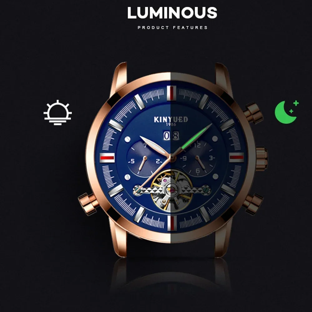 KINYUED Luxury Man Watch Skeleton Tourbillon Mechanical Watch Men Automatic Classic Rose Gold Leather Wrist Watches Reloj Hombre