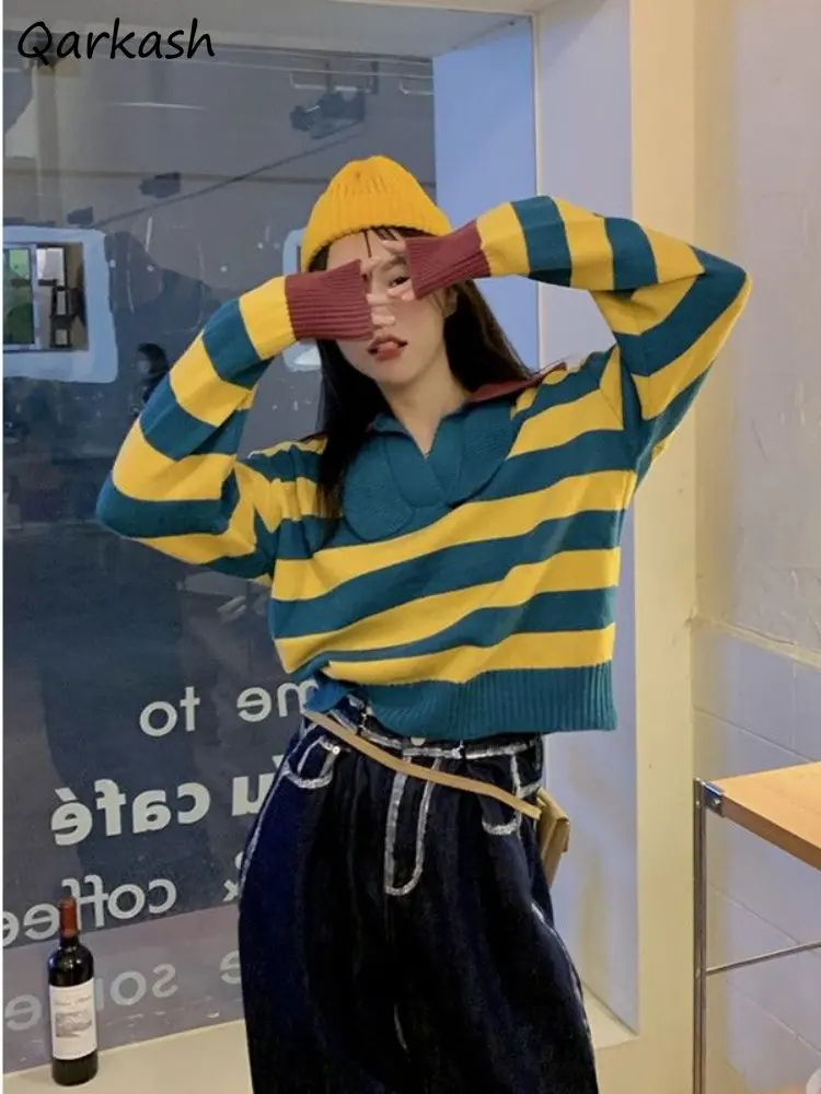 

Striped Panelled Pullovers Women Harajuku Students Teens New Arrival Prevalent Casual Sweaters Preppy Korean Style Pull Femme