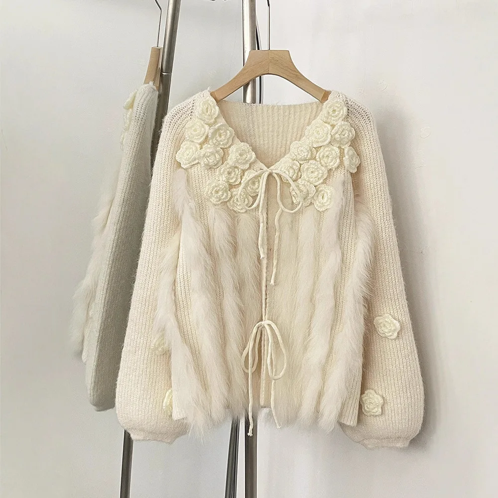 2025 automne mode coréenne décontracté 3D fleur pull vestes col en v à manches longues en vrac à lacets fourrure épissé tricoté Cardigan femmes