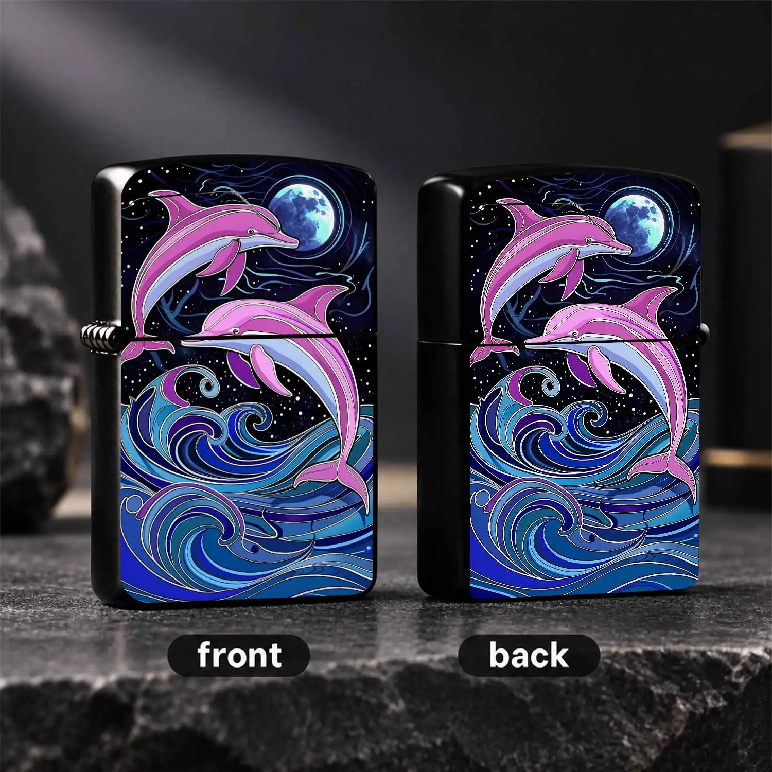 Dreamy Moon Night Pink Dolphins Chasing Waves Themed Pocket Lighter, Stained Glass Style Artistic Vibrant Decor Accessory, Multi-Scenario Usable Portable Daily Carry Item, Exquisite Unique Creative Gift Choice For All O A Humorous And Inter