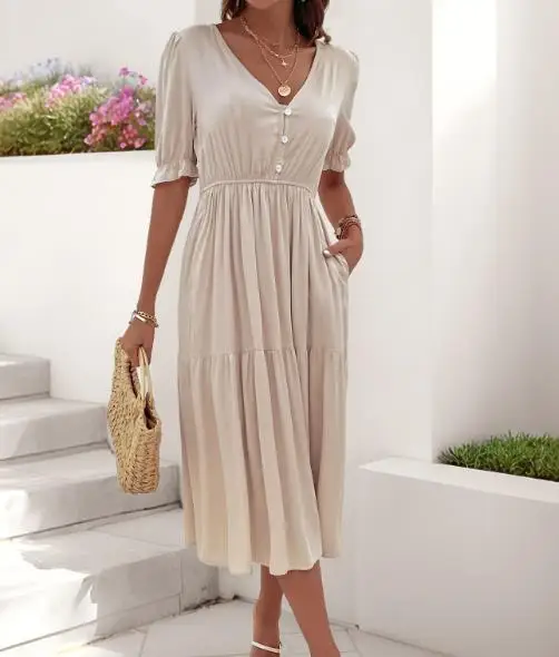 

2025 Summer Women's Elegant Solid Color A-Line Dress Simple Commuting Casual Bubble Sleeves Pleated V-Neck Solid Color Dress
