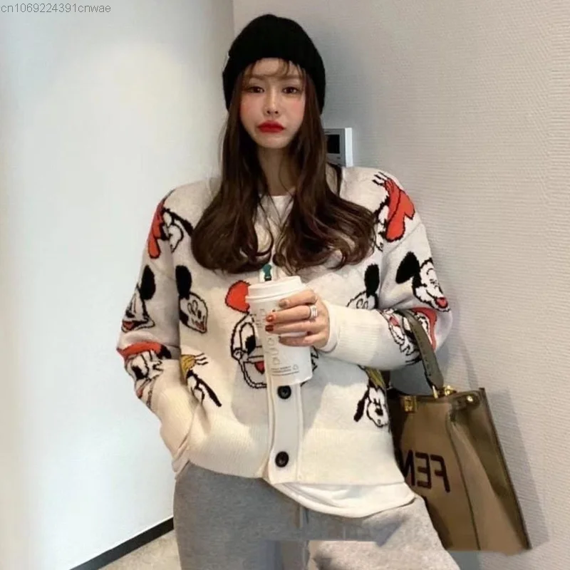 Disney Mickey Mouse Cardigan Sweater For Women New In Korean Style Fashion Chic Fall Winter Knit Clothes Female Kawaii Anime Top