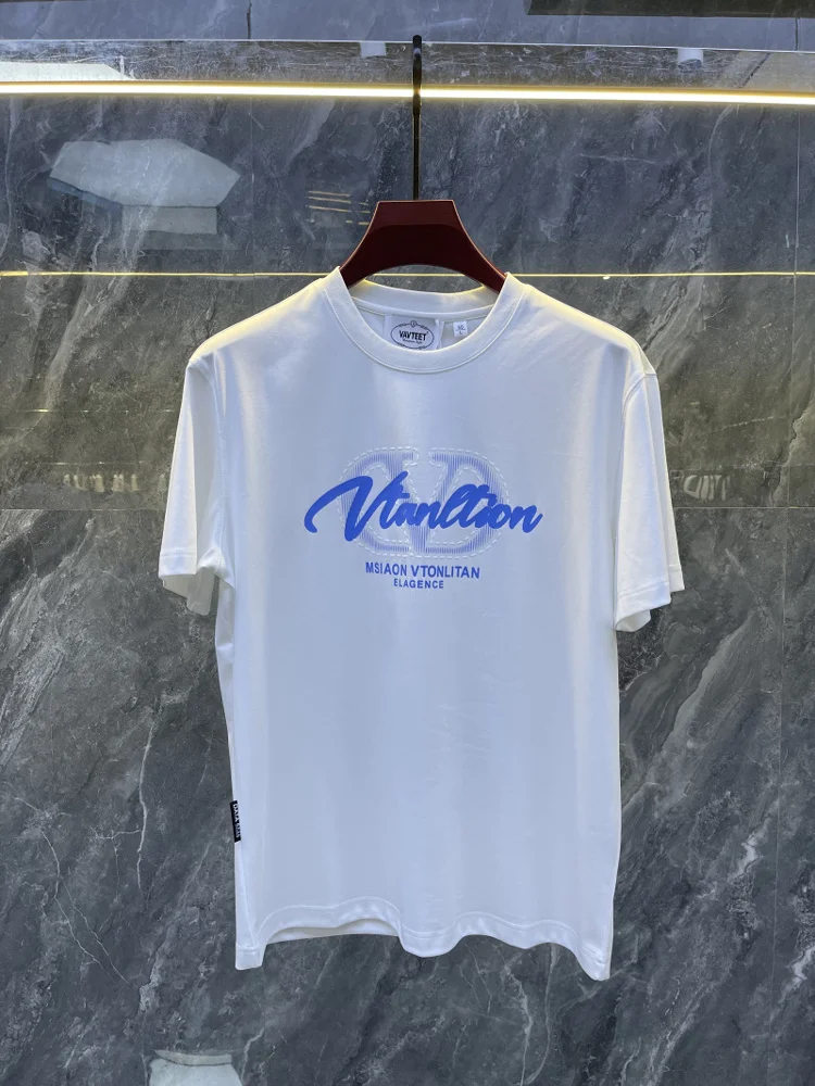 

Slim Fit round Ne ort Sve T-irt Letter Print Embroidery Faionable Streetwear for Men Summer 2025 Youth Casual Wear