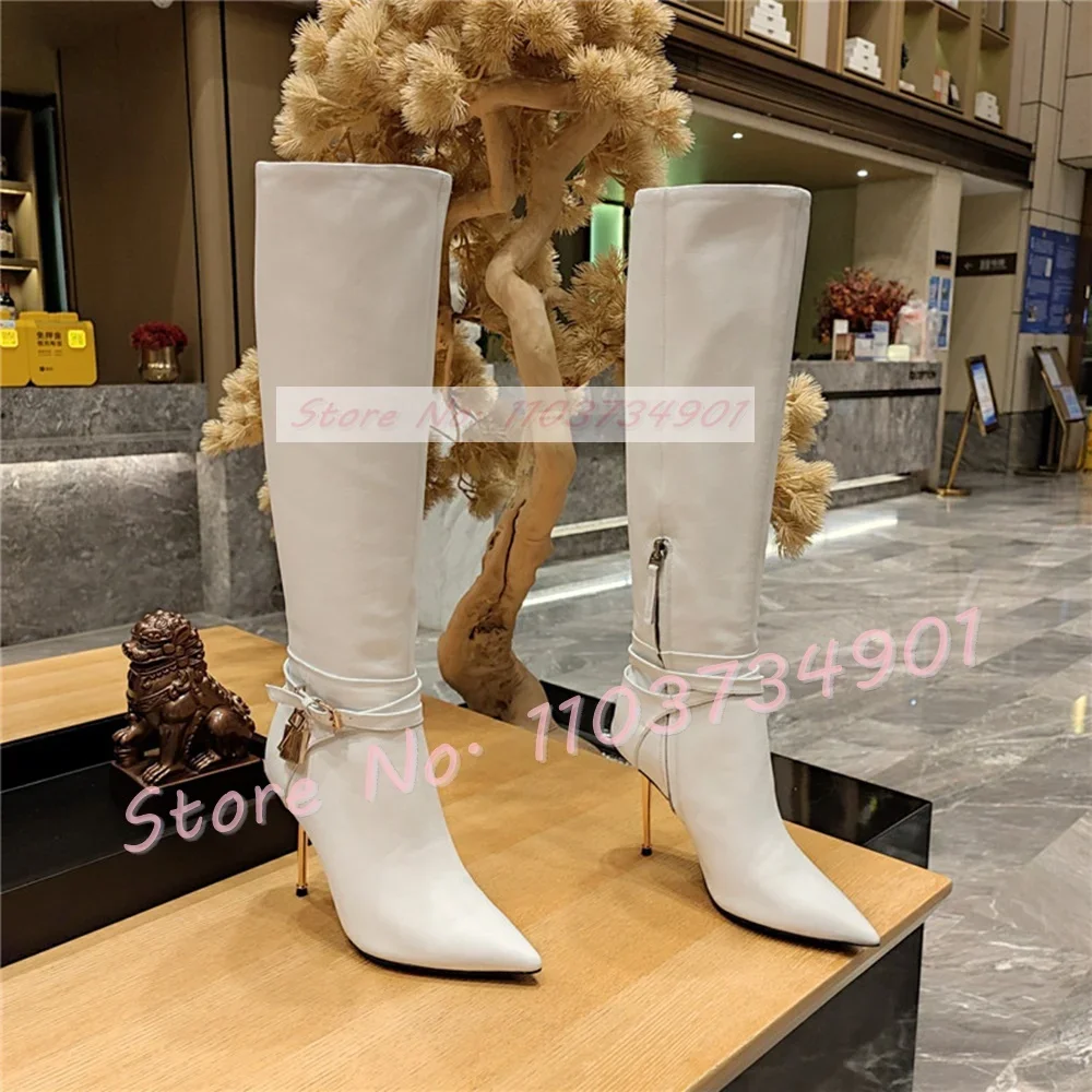 Gold Lock Metal Heels Pointed Boots Female Evening Zipper Belt Buckle High Heels Shoes Women Croc Pattern Trendy Sexy Chic Boots