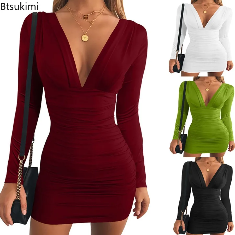 

Sexy Deep V Mini Dress for Women 2025 Women's Solid Long-sleeved High Waisted Wrap Hip Bodycon Dress Women Elegant Dress Clothes