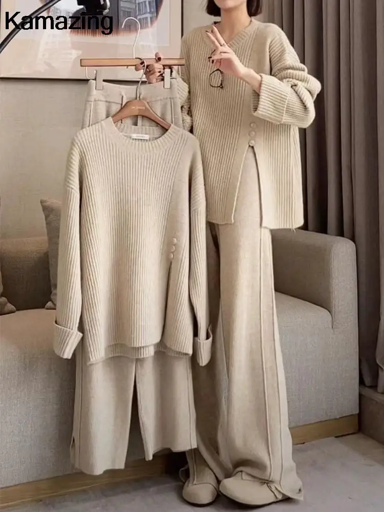 Autumn Elegant Women Solid 2 Piece Set 2024 New Loose Knitted Top High Waisted Wide Leg Pants Suit Female Casual Ropa Fashion