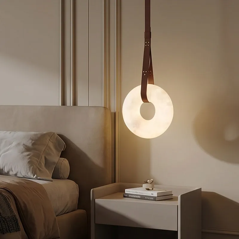 Modern Minimalist Alabaster Chandelier with Leather Belt Hanging Ring Natural Marble Pendant Light for Bedroom Living Room