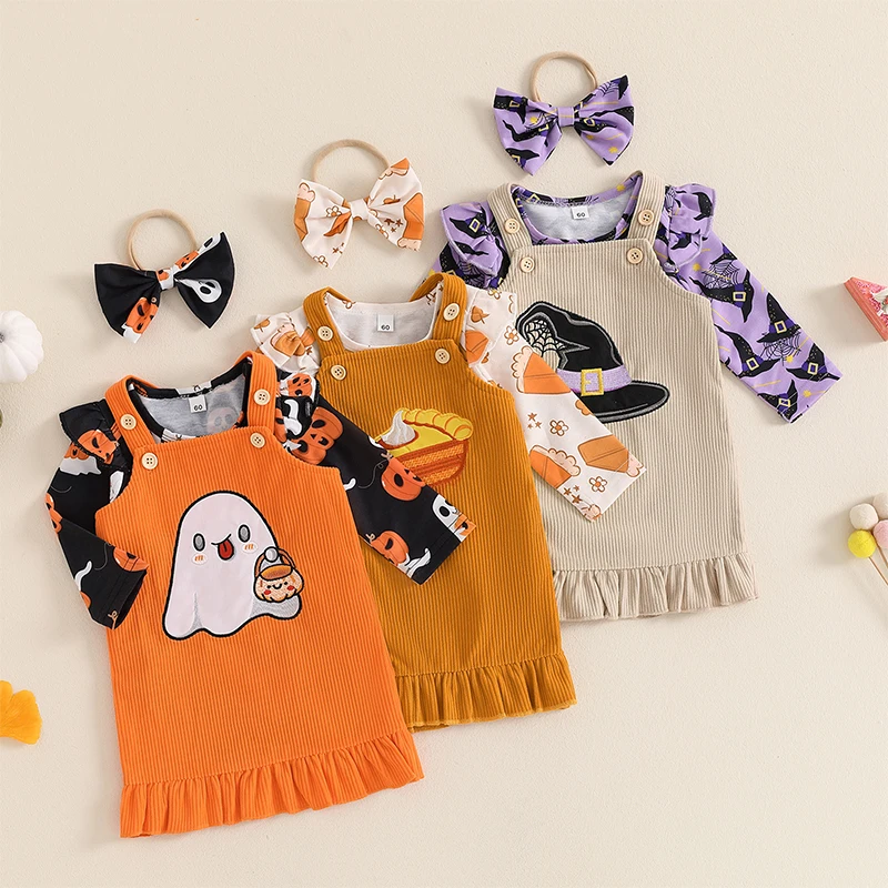

Newborn Infant Baby Girl Halloween Outfit Flying Sleeve Rompers Ghost Pattern Ruffled Overall Dress and Bow Headband 3 Pcs Set