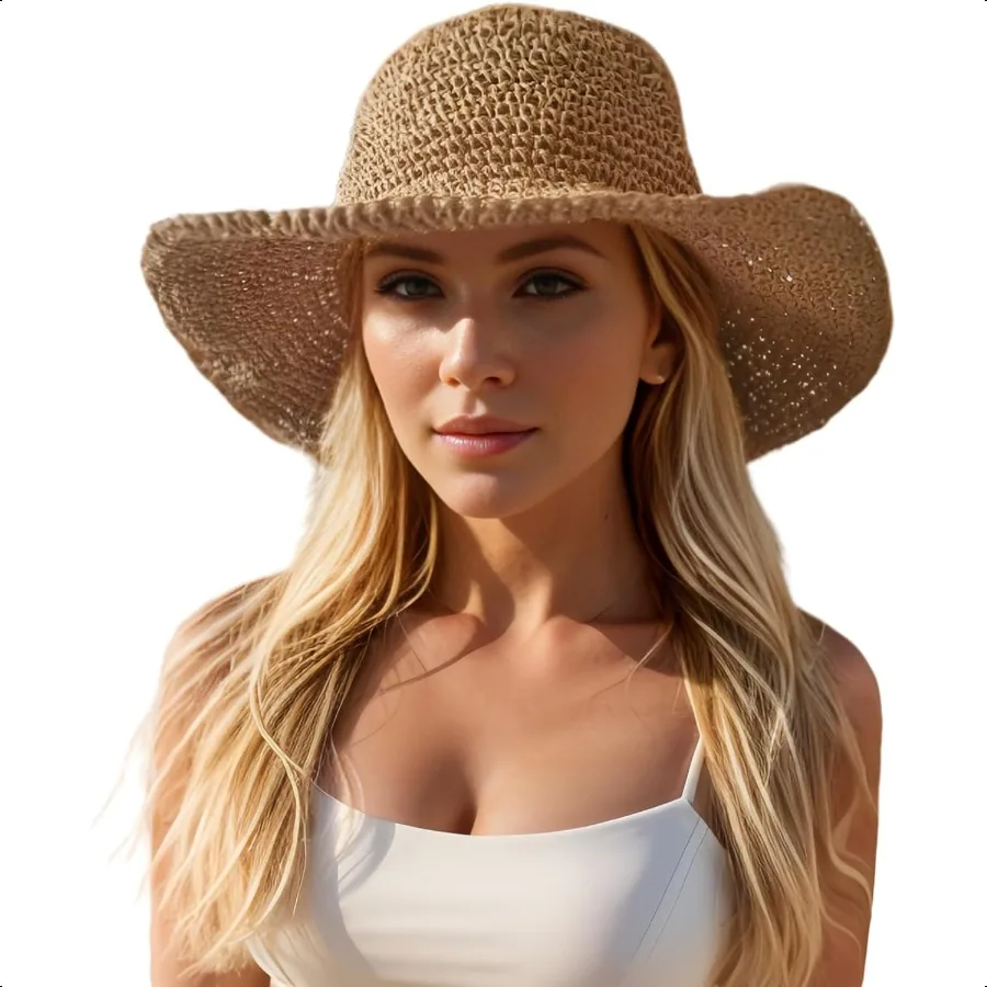 

Floppy Big Beach Straw Hats for Women Foldable Summer Wide Brim Packable Sun Hat Womens Travel Straw Fedora Hat