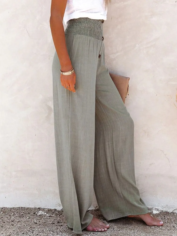 Primavera e verão feminino nova cor sólida algodão linho elástico solto casual calças femininas de perna larga moda férias