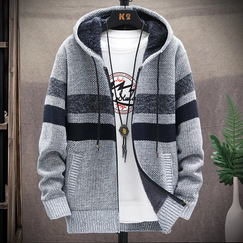 2024 Autumn Korean style Hooded Men's Sweater Thick and Velvet Men Cardigan Knitted Sweater Coat mens Stripe Jacket Male M-4XL