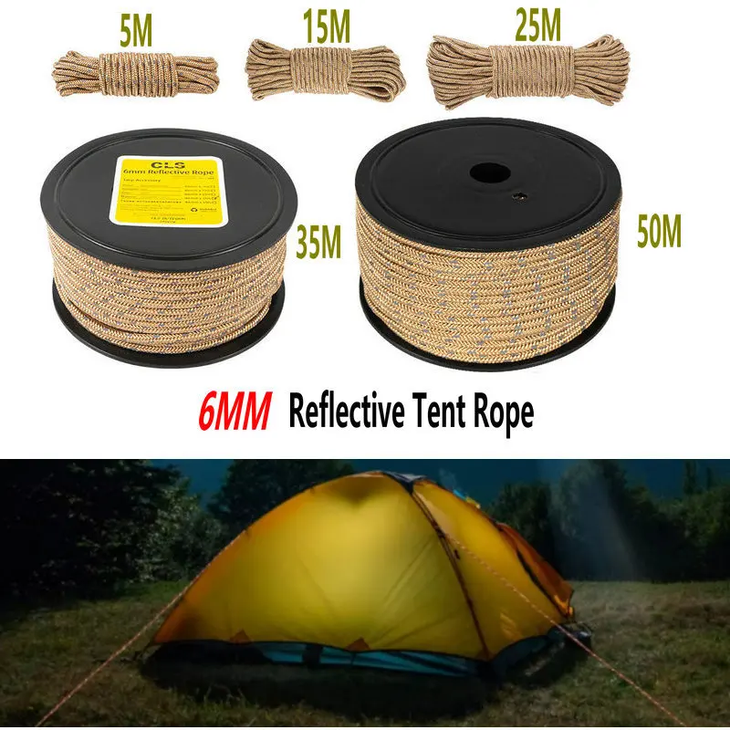 6mm Reflective Rope 5/15/25/35/50M Tent Canopy Wind Rope Awning Camping Night Light Noose Tent Rope Visibility and Safety Rope