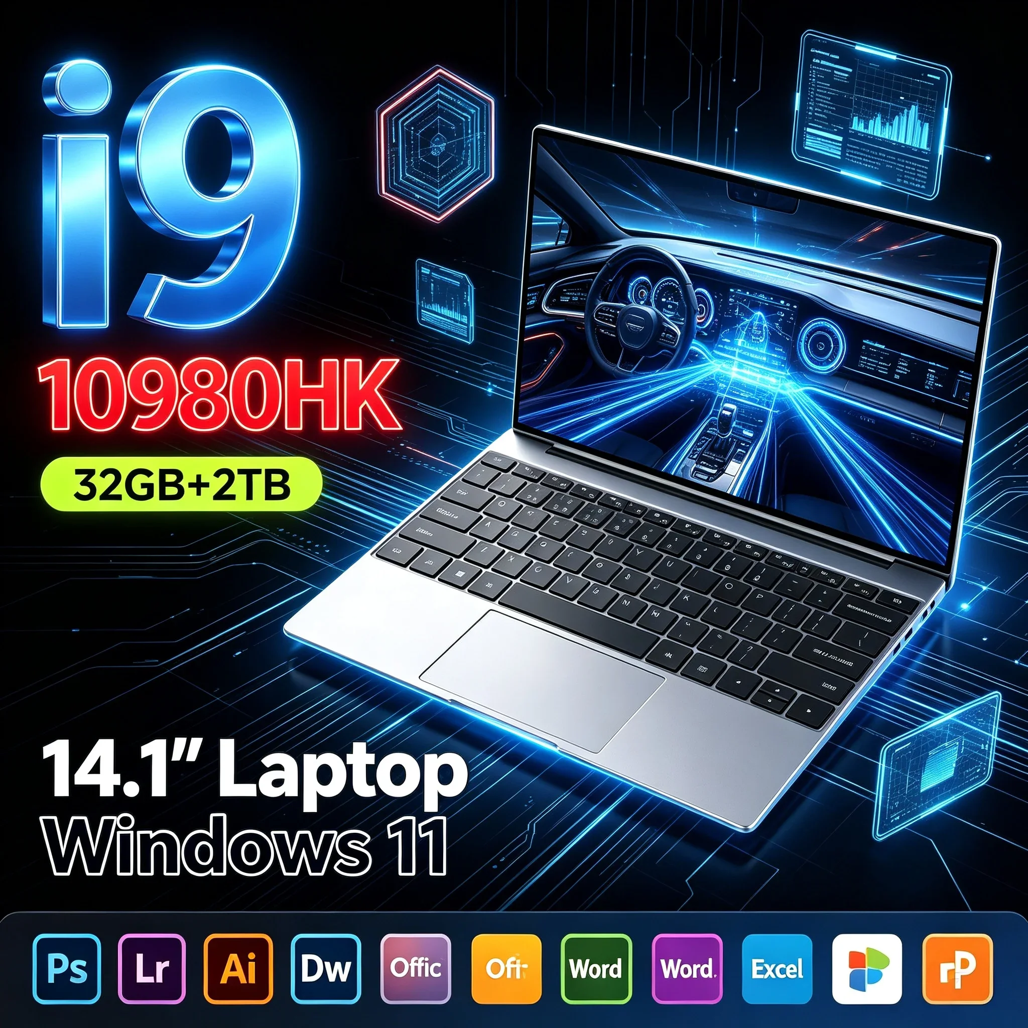 14.1'' Light Portable Laptop Intel I9‑10980HK 32GB RAM 2TB SSD HD Windows11 Ultra‑thin Notebook PC For Home Office Student Use