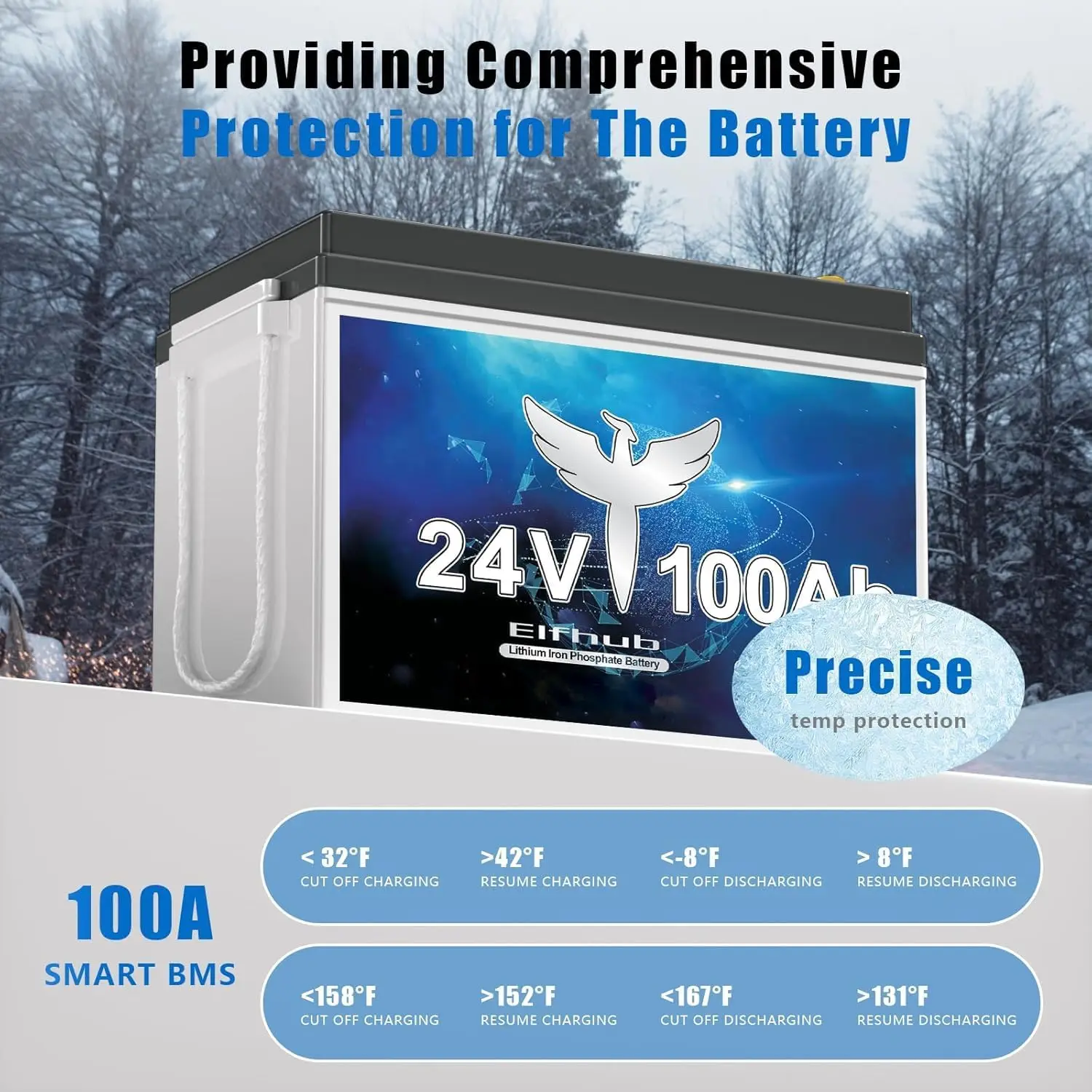 24V 100Ah LiFePO4-batterij met geïntegreerde 100A BMS en bescherming tegen lage temperaturen voor 24V elektromotoren, campers en zonne-energie