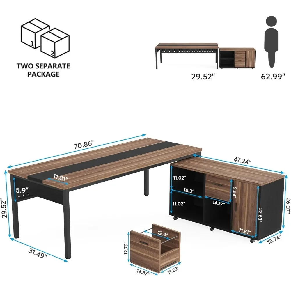 Mesa de escritório executiva grande de 70,8" e combinação de armário de arquivo lateral de 47", mesa de computador em forma de L, móveis de negócios de 2 peças com