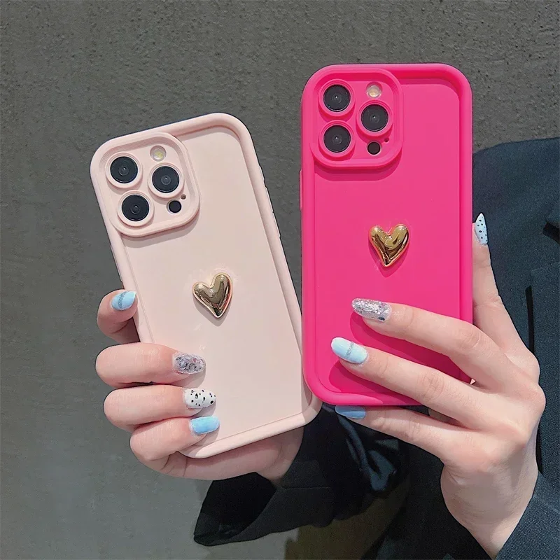 3D Gold Heart Silicone Soft Phone Case For iPhone 15 14 13 12 11 Pro Max XS XR 7 8 Plus SE 2020 Shockproof Candy Matte Cover