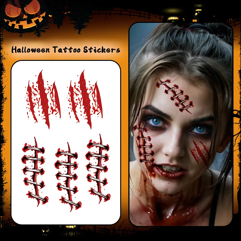 Blood, Sewn-up Scar, 1Pc Halloween Horror Makeup, Temporary Tattoo Stickers, For Parties and Halloween Role-playing.Face and Arm