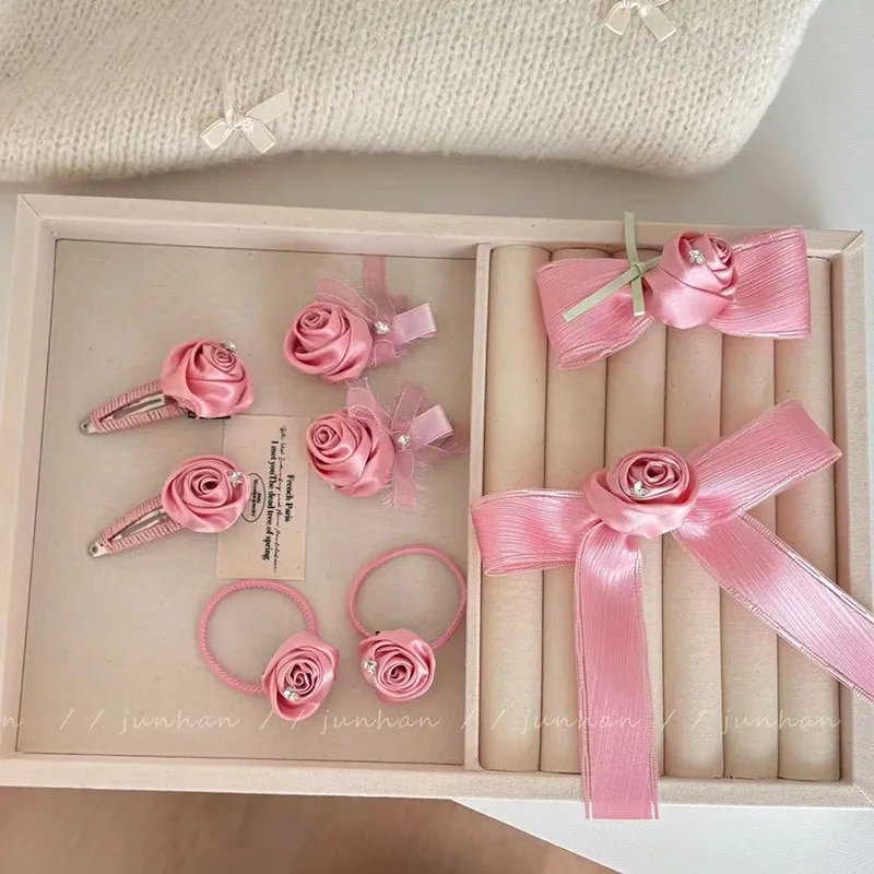 Handmade Pink Roses Flower Hair Clip Hairpin Sweet Shredded Head Bangs Clip Bow Hair Accessories Female Children's Hair String