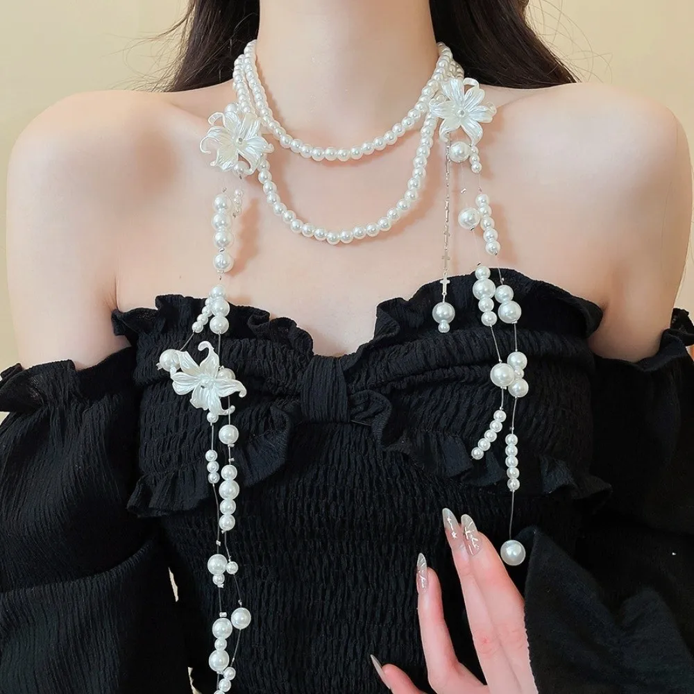 Multi Layer Lilium Flower Pearl Necklace Balletcore Style Faux Pearl Multilayer Choker Chain Matte White Aesthetic Design