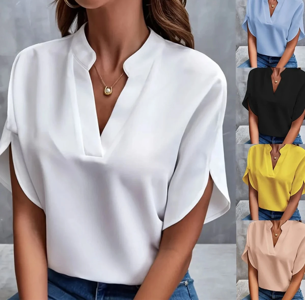 女性用新作夏物無地シャツ レディースカジュアル半袖Vネックルーズシャツ 女性ファッションプルオーバートップス