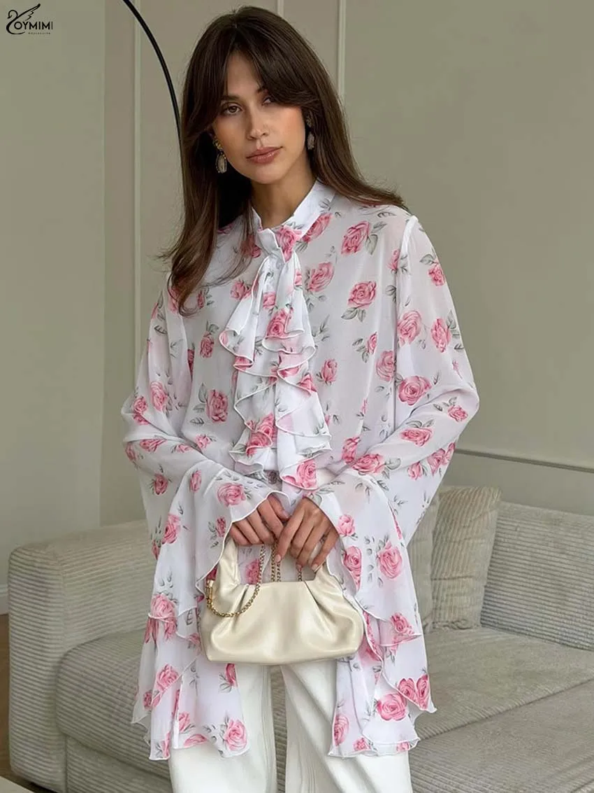 Oymimi Fashion Pink Print Women's Blouse Elegant O-Neck Long Sleeve Loose Ruffled Blouses Casual Button Translucent Blouses