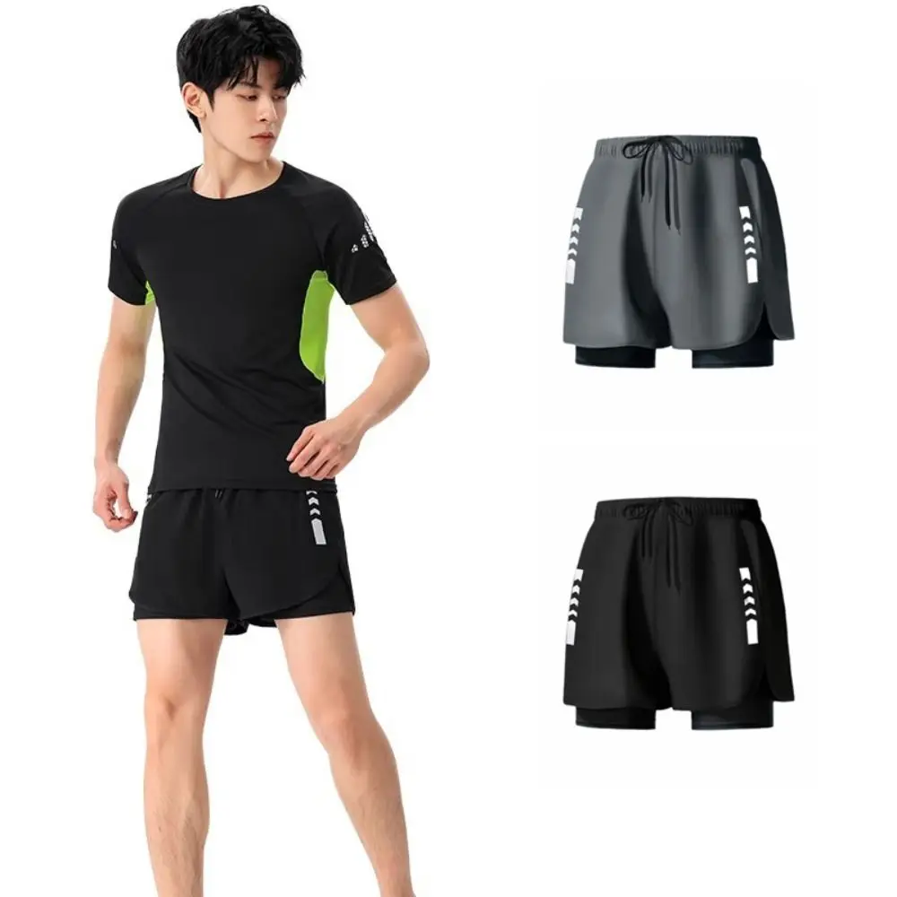 Double Layer Swimming Trunks Shorts Anti Glare Mid Waist Men Sports Training Shorts Surfing Pants Quick-drying