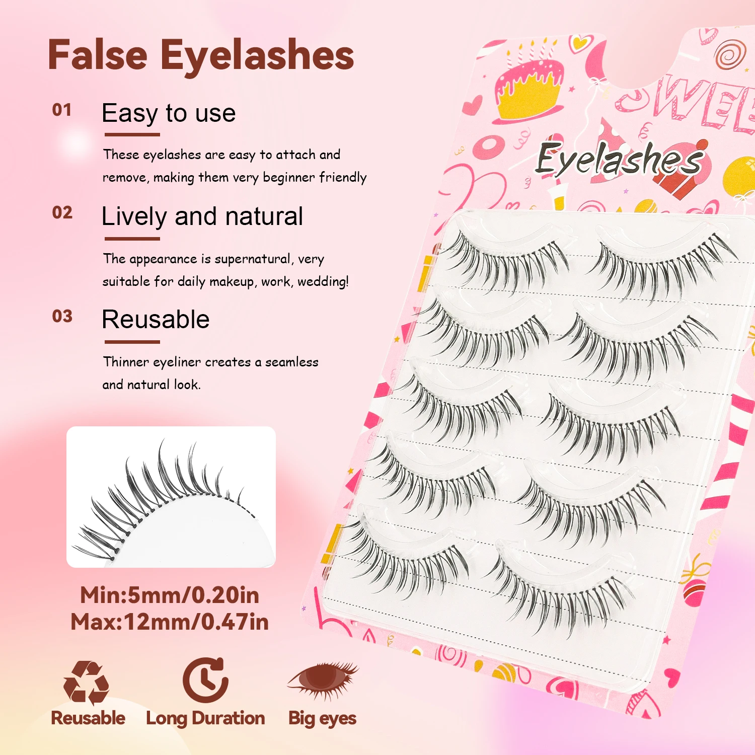 Ciglia finte Girl Group 5 paia di capelli a legatura a mano a forma di U Blocco trasparente Occhi naturali confortevoli dei cartoni animati