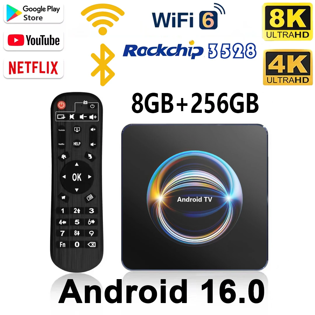 

Android 16.0 Smart TV Box X66 HDR10+ RK3528 5G Dual Wifi6 8 ГБ 256 ГБ Bluetooth 5.2 8K Видео Очень быстрая телеприставка Netflix YouTube