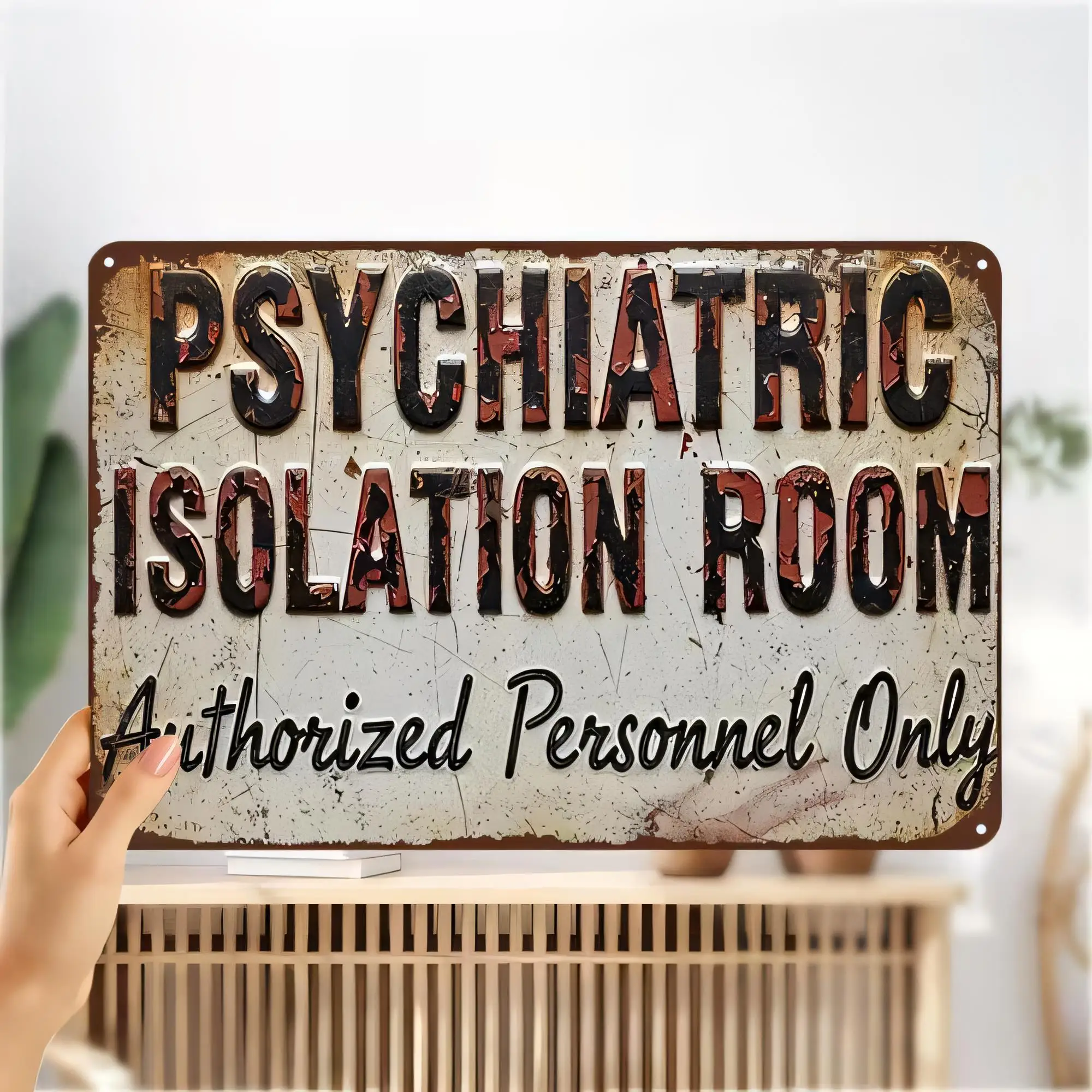 Tin Sign, Psychiatriaik Isolation Room, Authorized Personnel Only, Vintage Metal Plaque Wall Decor, Distressed Rustic Warning Si