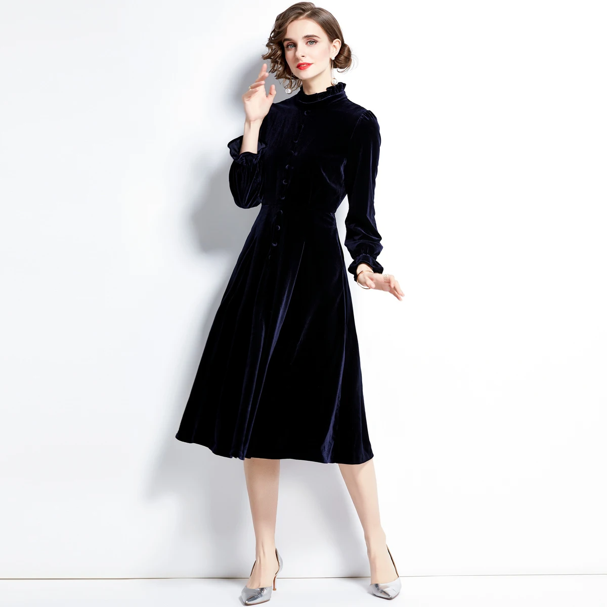 JAMERARY Autumn Velvet Dress For Women Single Breasted Ruffles Stand Collar Long Sleeve Fashion Vestidos Winter Outfits