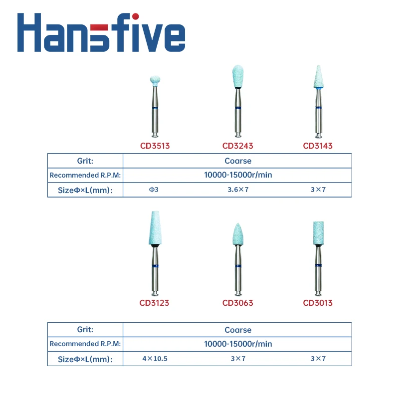 Hansfive 6pcs Dental Ceramic Diamond Grinder Coarse Zirconia Porcelain Grinding Polishing Head Dental Lab Material  RA 2.35mm