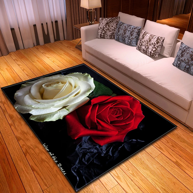 3D Red Rose Living Room Area Rug Flower Bedroom Carpets Valentine's Day Decoration Floral Kitchen Rug Bath Mat Entrance Doormat