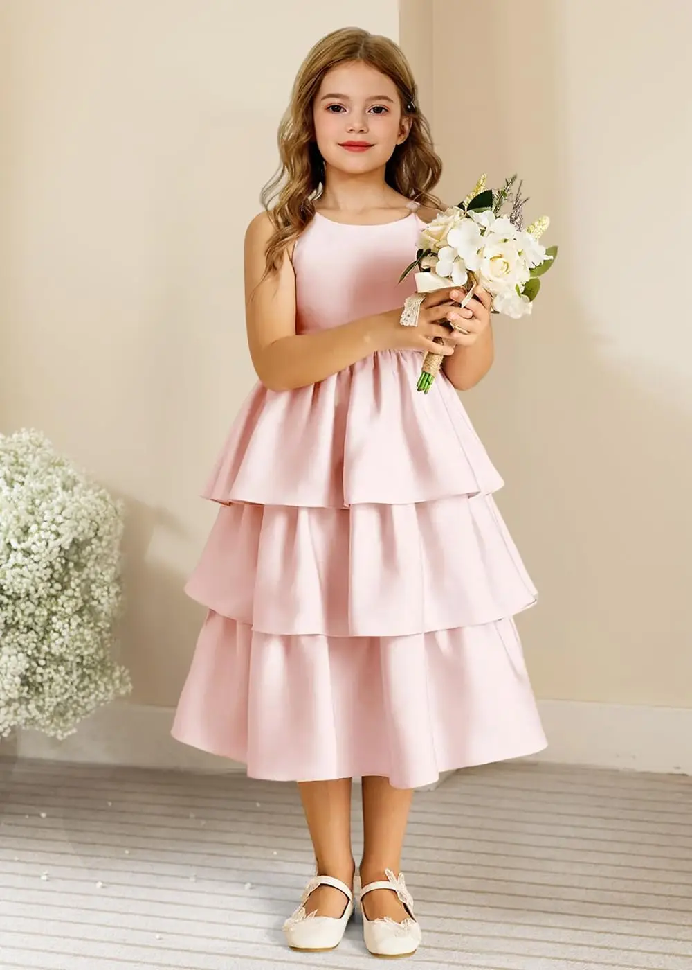 فستان بناتي من الساتان بطبقات على شكل زهرة مع عقدة على شكل فيونكة بدون ظهر لحفلات أعياد الميلاد فستان رسمي فستان الأميرة