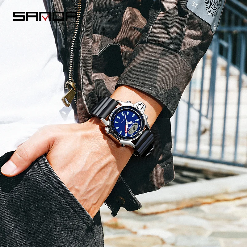 SANDA Men LED Digital Watches Fashion Sport Dual Display Quartz Wristwatch Outdoor Waterproof Military Wristwatches Mens 3008