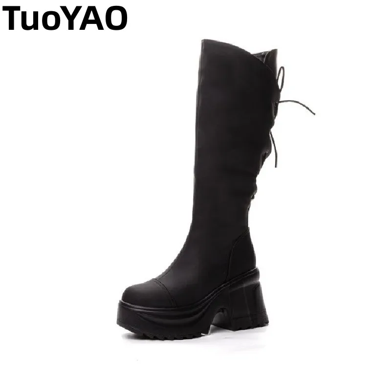 

10cm Women Booties Knee High Platform Wedge Spring Autumn Shoes Microfiber Leather Boots Fall Winter Lace-Up Fashion