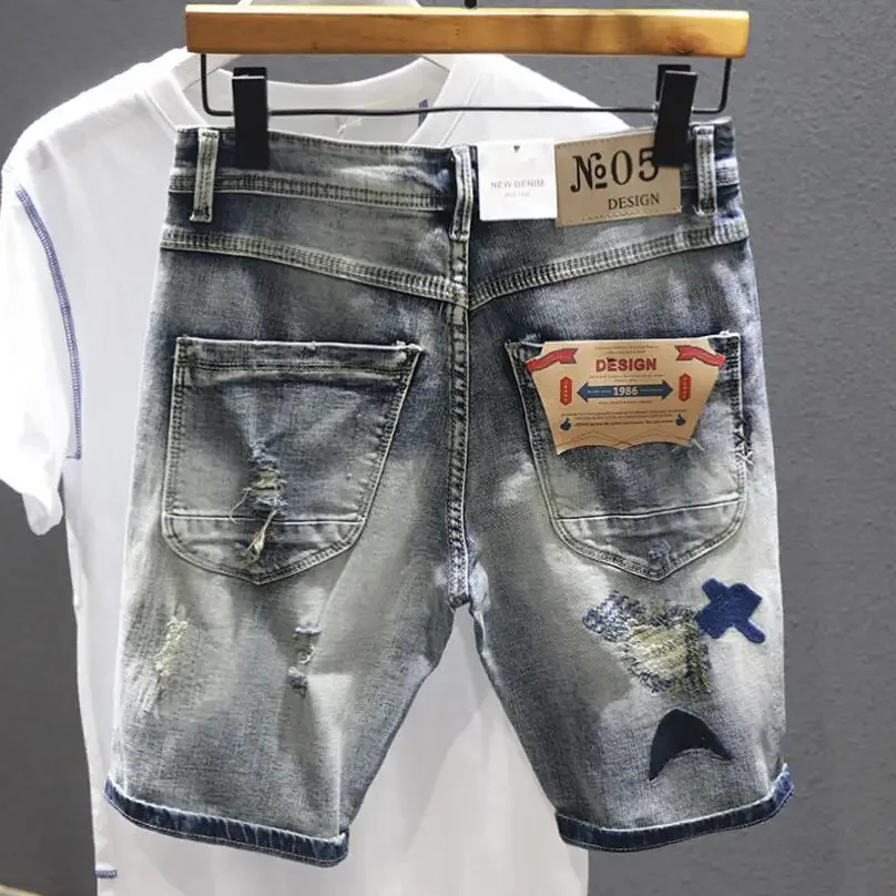 Men Denim Shorts Jeans Stretch Holes Casual Denim Jeans Shorts New Summer Man Thin Elastic Fit Jeans High Quality Cotton Shorts