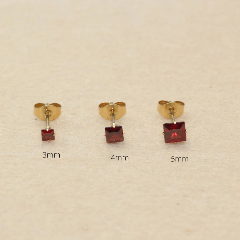 Stainless Steel Stud Earrings With Ponegranate Red Zircons Brief No Fade Allergy Free Classic Style