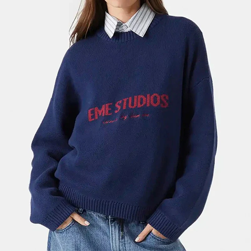 

BKLD Simple Versatile Round Collar Sweater Women Trendy Leisure Loose Pullover Letter Jacquard Contrast Color Sweater Streetwear