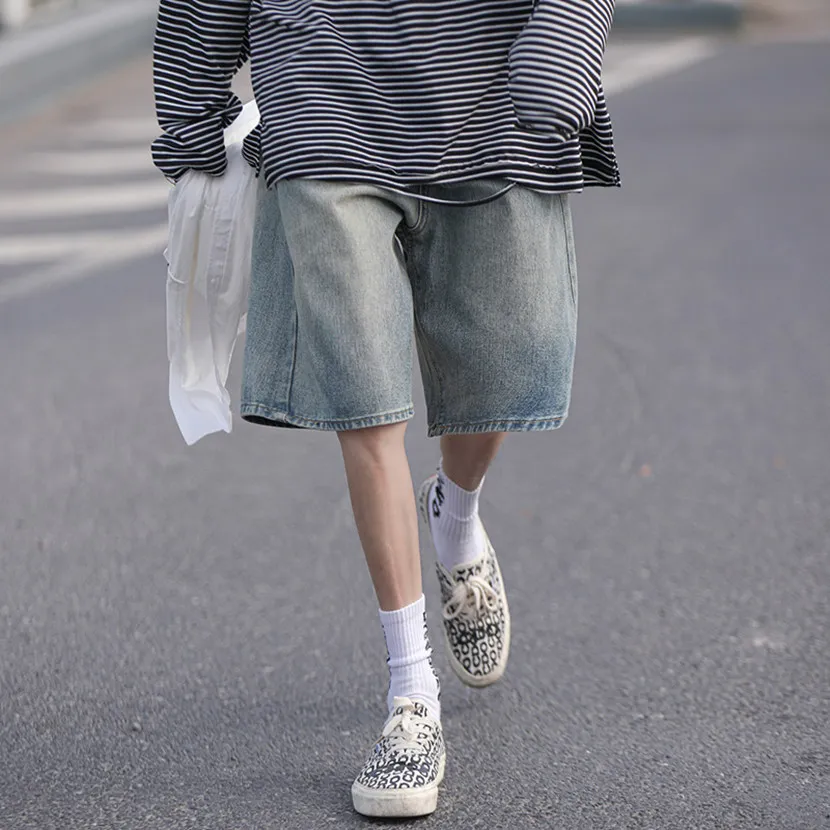 

Blue Distred Waed ort Jeans Men's Loose Fit Summer Thin Five-Point Retro American Sle Streetwear Youth Faion