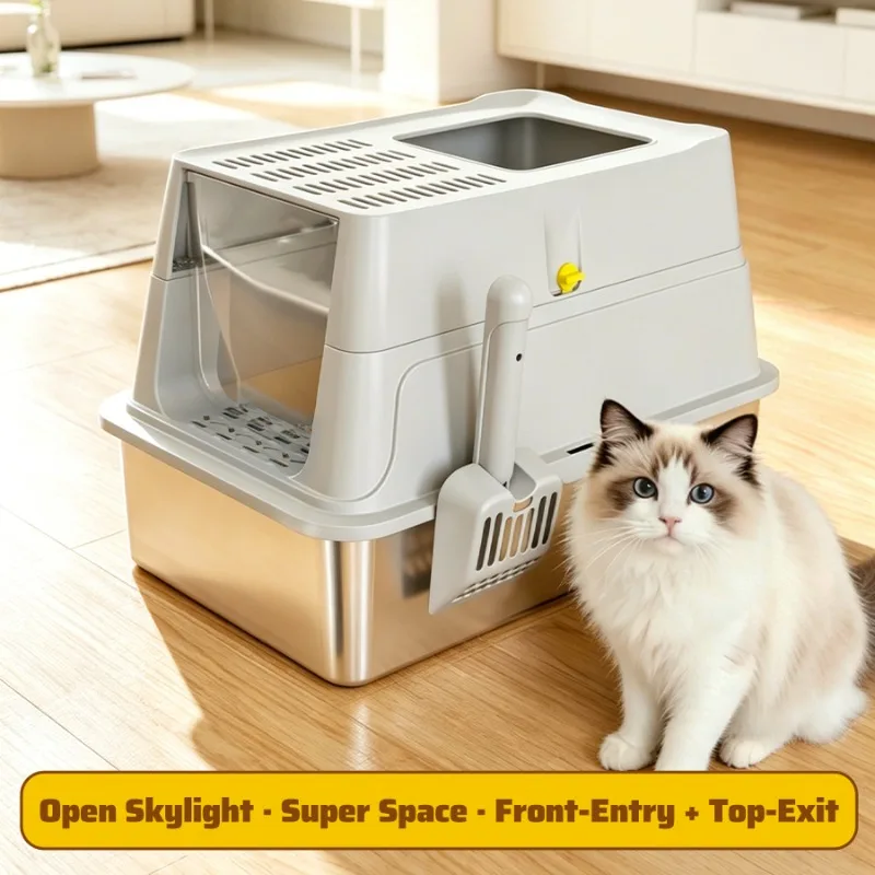 Detachable Stainless Steel Cat Litter Box Fully Enclosed Cat Litter Tray